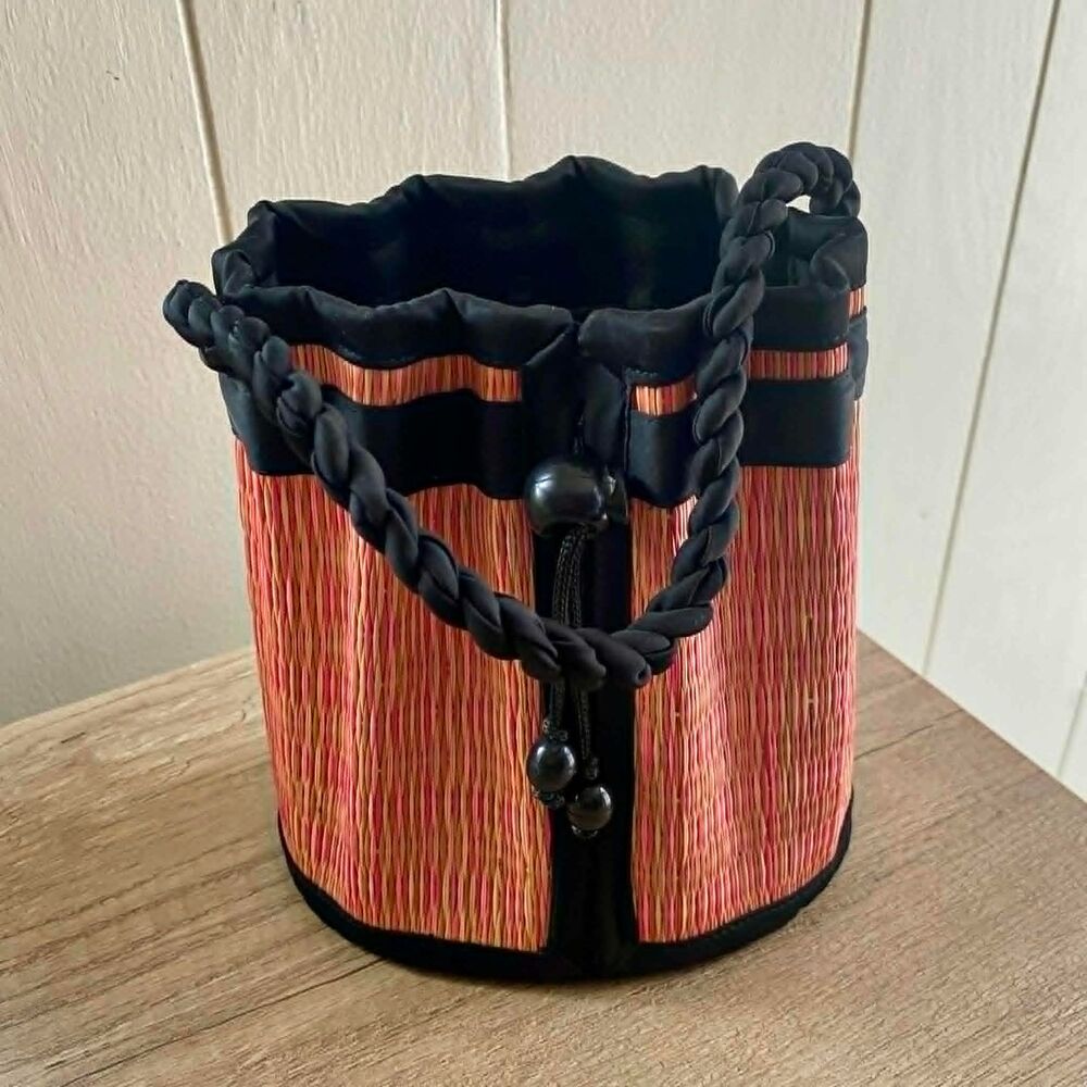 Tatami Small Mini Bucket Bag Drawstring Cambodia Basket Bag - Pink and Black